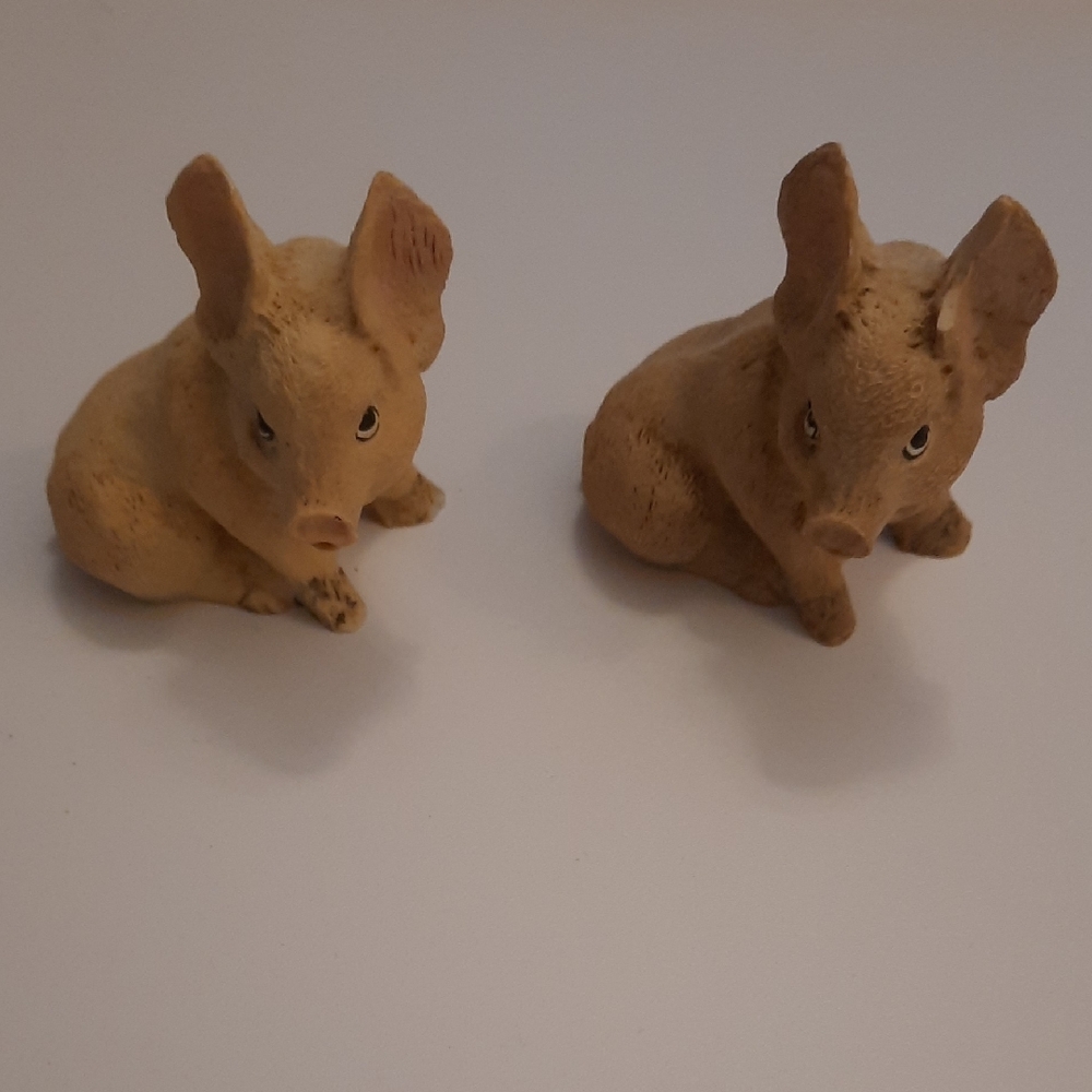 Two Charming Tan Small Ceramic Pig Figurines